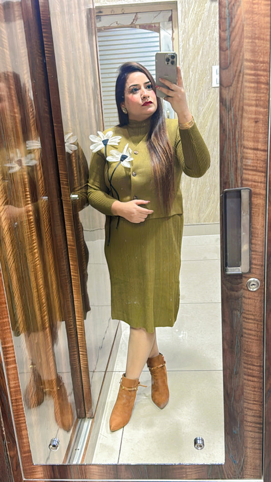 Woolen Short Dress With flower Jacket